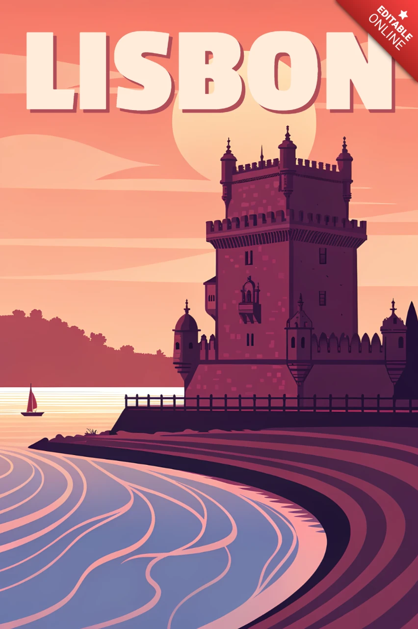 Lisbon Belem Tower Retro Flat Design Template for Posters