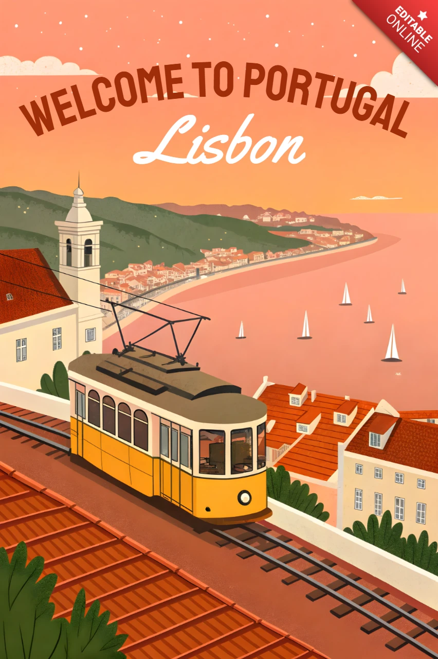 Template de design de bonde vintage para pôster de viagem a Lisboa