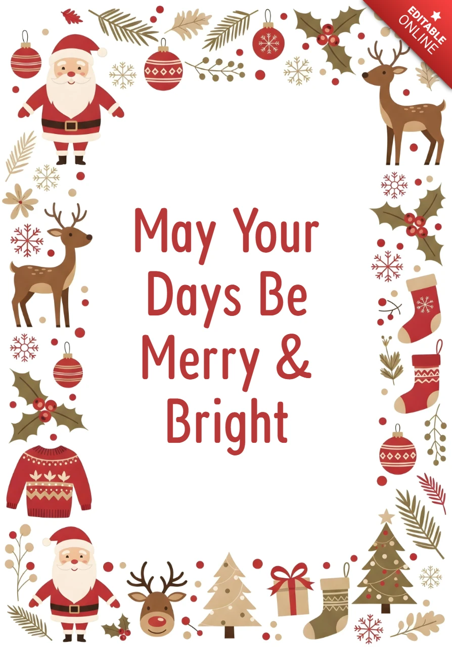 Weihnachtskarten-Design mit Feiertagselementen, Rand mit Santa, Rentieren und Geschenken sowie warmen Grüßen.