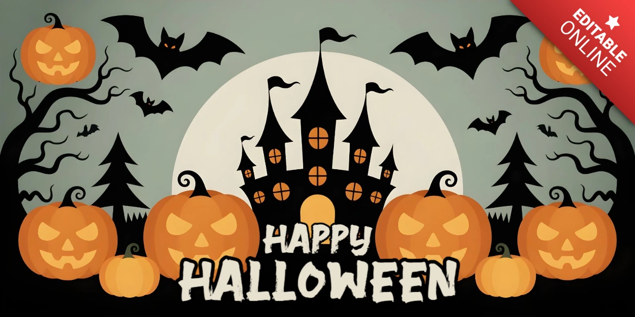 Modèle de couverture YouTube de forteresse hantée dans un cimetière d'Halloween, ombres au clair de lune et compagnons effrayants.