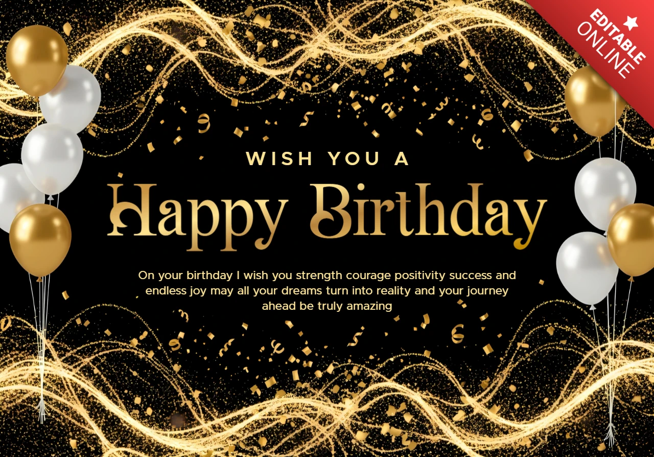 Modelo elegante de celebração de aniversário com design de balões e detalhes em dourado
