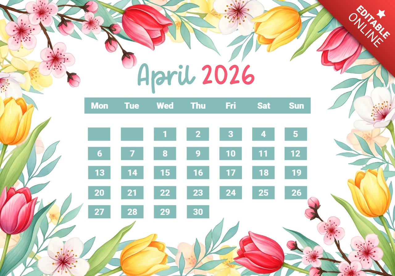 Türkis- und roter Titel mit Blumen, Blättern und fröhlicher dekorativer Kunst April 2026 Kalenderplakat