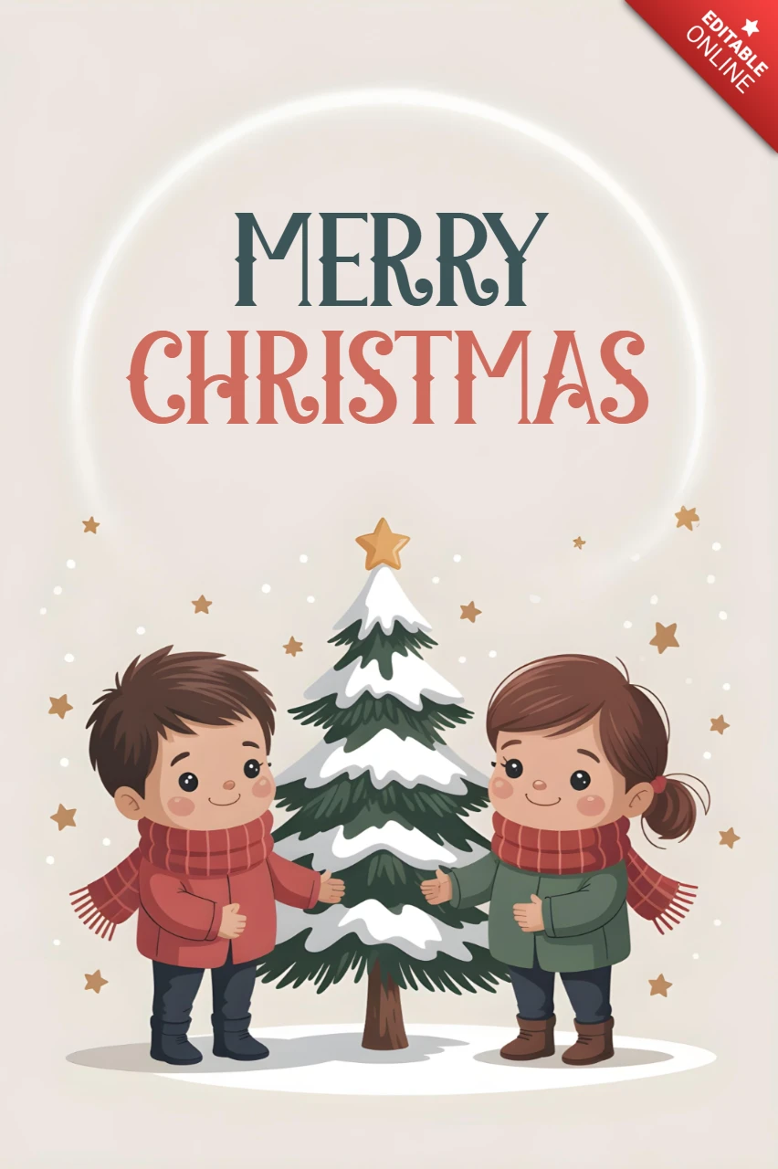 Cartão de Natal duas crianças com árvore decorada e estrelas douradas em cena festiva de feriado.
