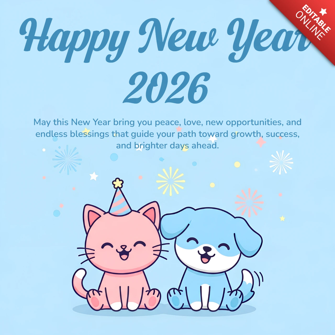Happy New Year 2026 Design Template with Cute Cat and Dog Characters for Greeting Cards