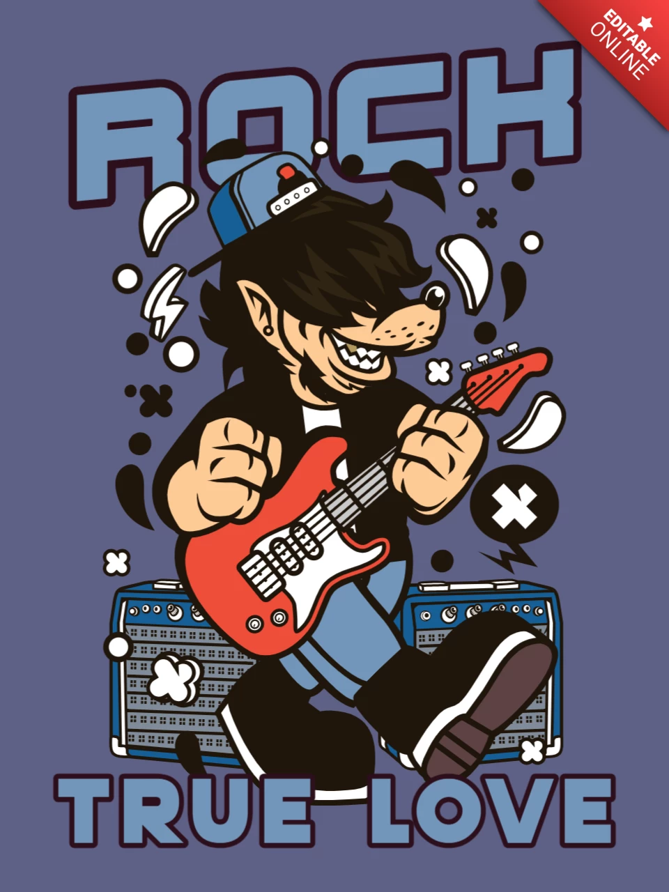 Modèle de conception de t-shirt de personnage de dessin animé de loup de musique rock