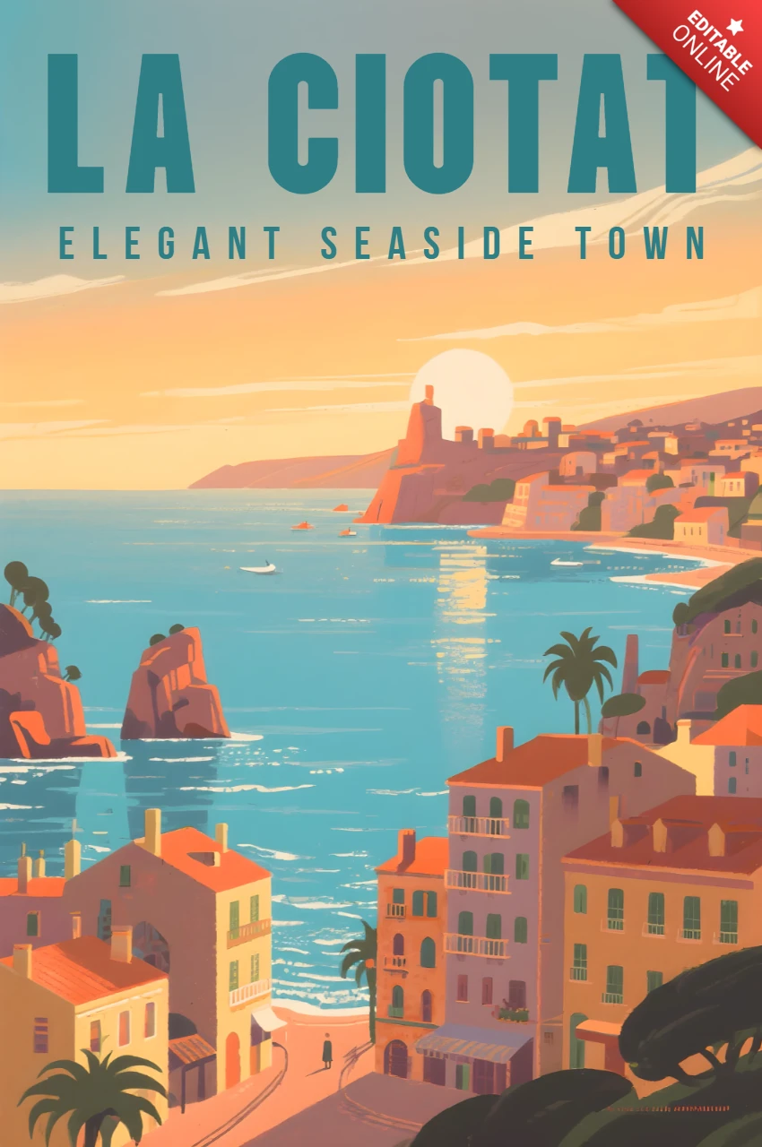 Design rétro élégant en bord de mer pour modèle d'affiches de voyage imprimables