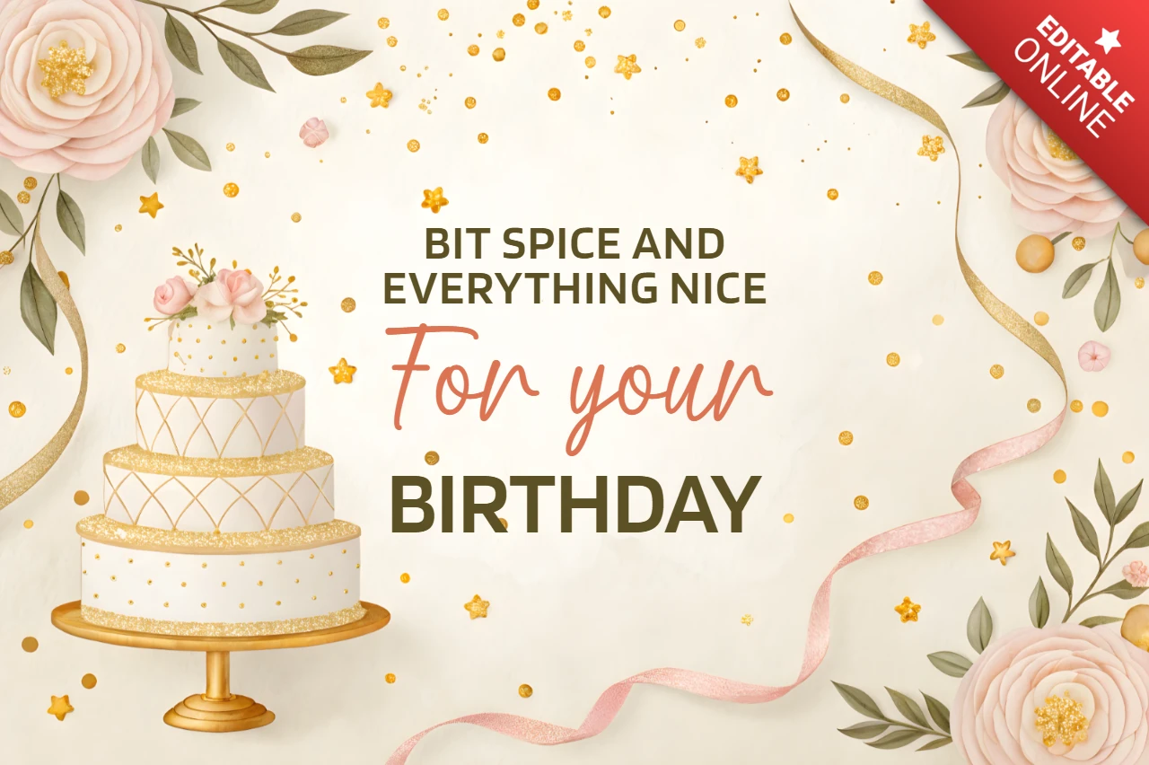 Elegant Floral Birthday Invitation Template Design with Cake and Gold Accents