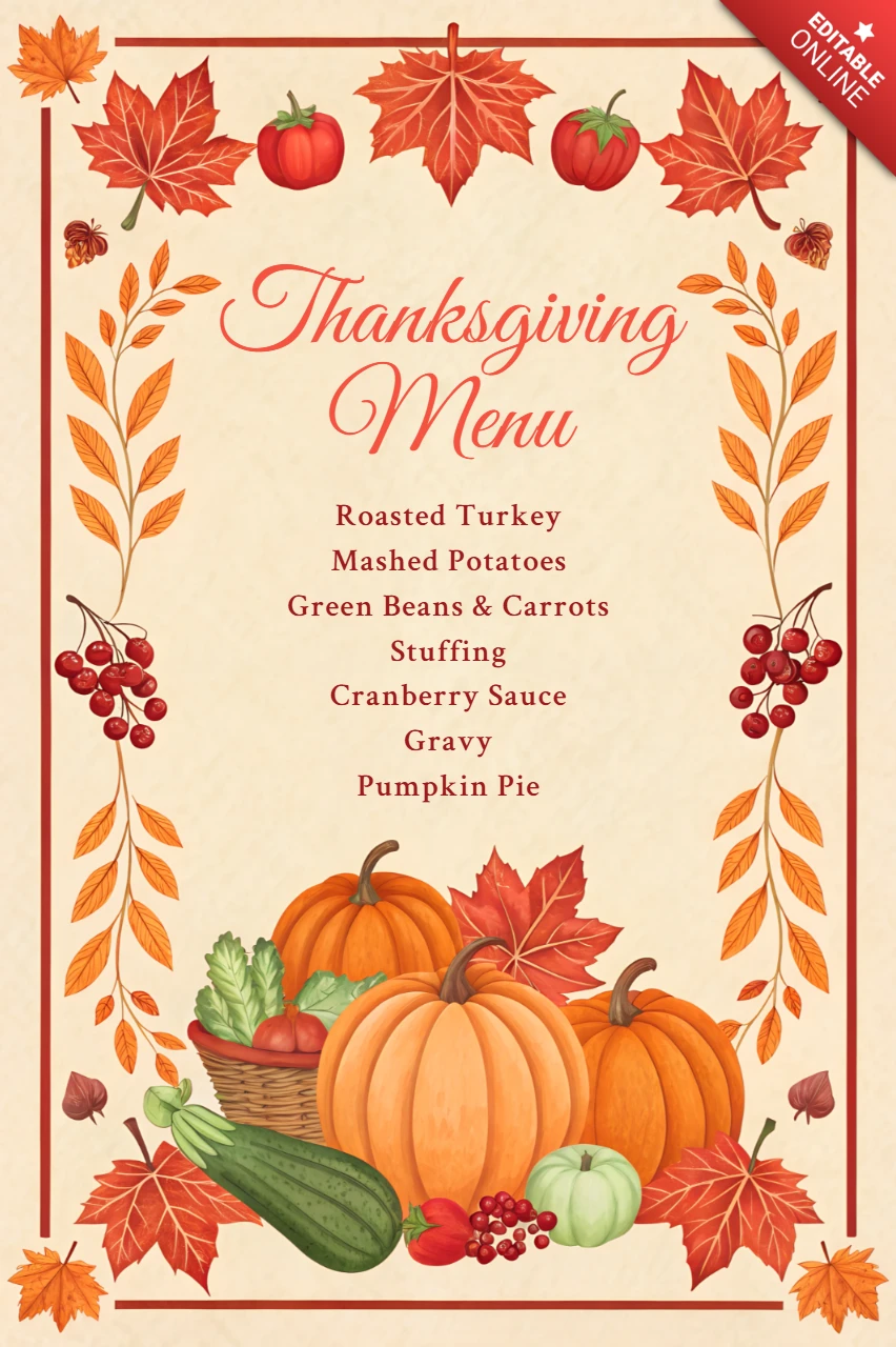 Modello di design del menu del Ringraziamento con foglie autunnali e zucche per eventi festivi