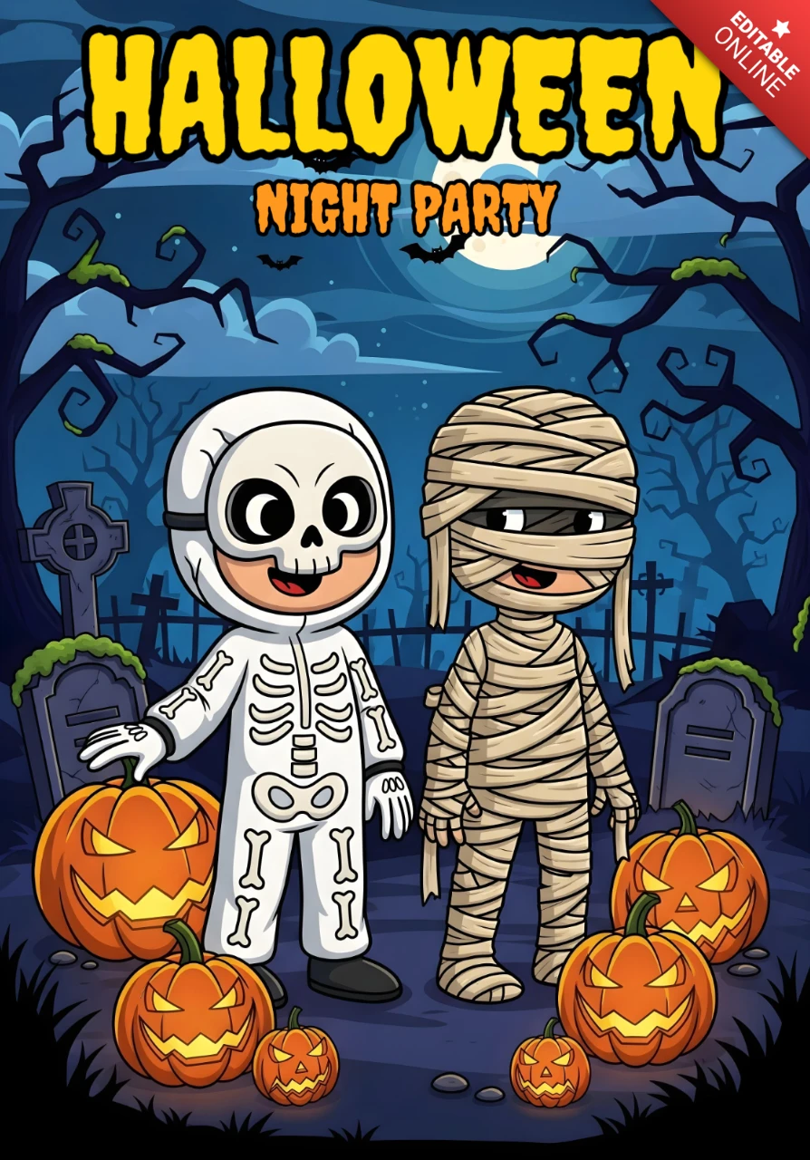 Costumes de squelette et de momie d'Halloween effrayants avec un modèle de design de cimetière, de lune et de citrouilles Jack-o'-lantern pour des flyers festifs.
