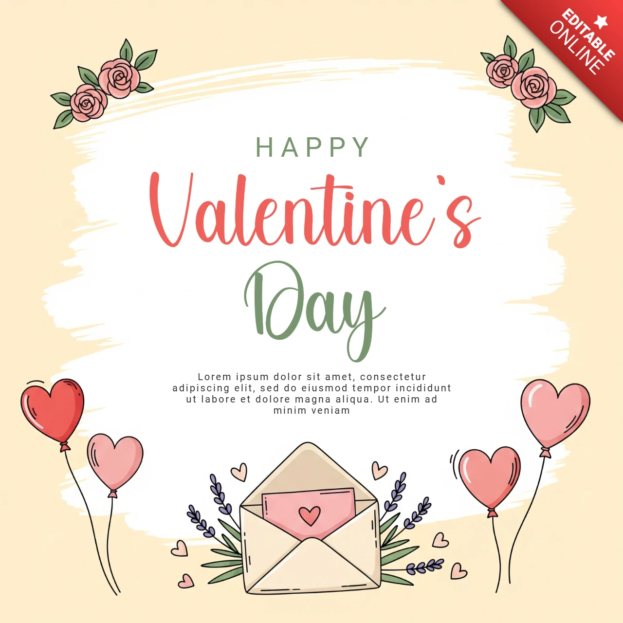 Tarjeta del Día de San Valentín con sobre de carta de amor, rosas y globos en forma de corazón sobre un fondo suave de colores pastel.