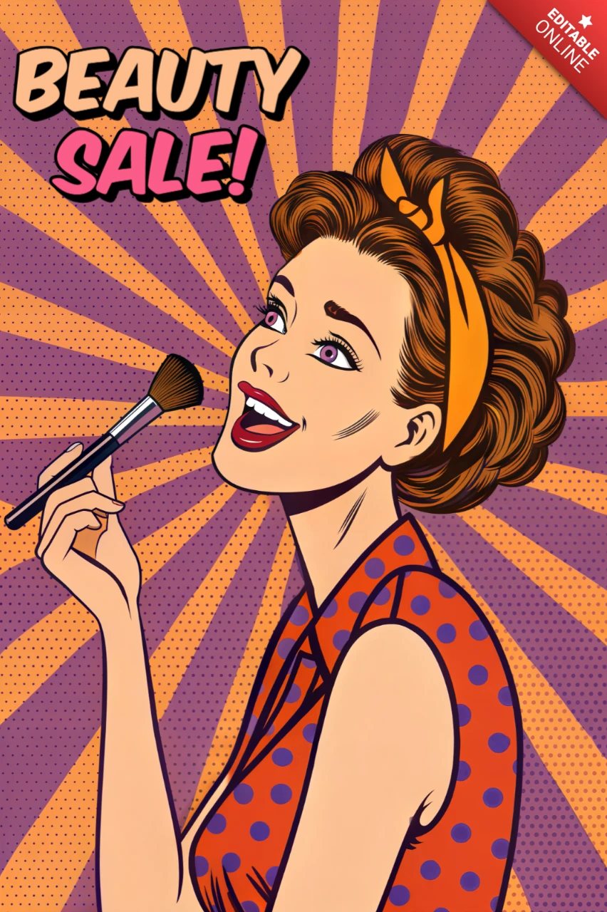 Modèle de flyer de vente de beauté pop art avec un style rétro et un pinceau de maquillage