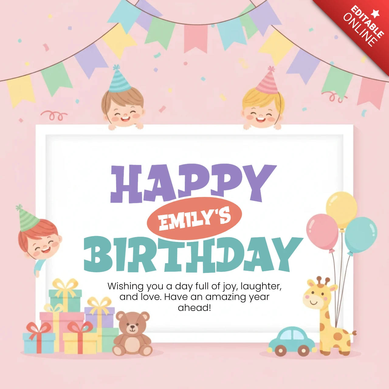 Birthday Party Poster Pastel Background with Balloons, Bunting, Teddy Bear, Toy Car, and Festive Celebration Theme