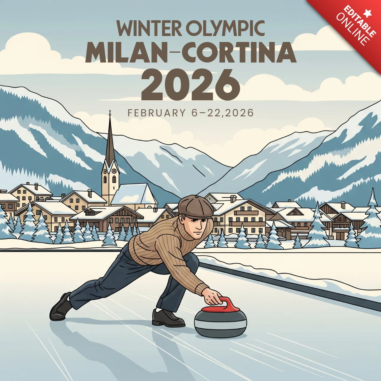 Milan-Cortina winter olympische curling scène met besneeuwde kerktoren en bergachtige horizon