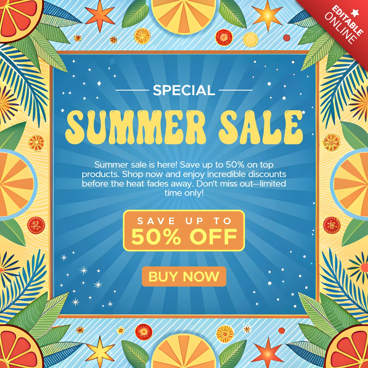 Vibrant Summer Sale Design Template with Tropical Elements