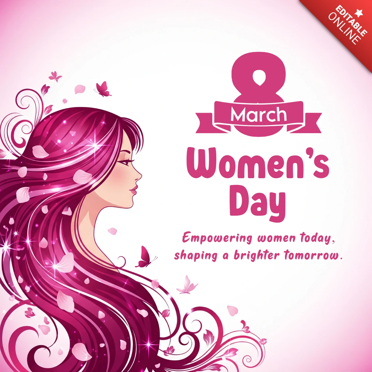 Banner de celebração do Dia da Mulher com perfil feminino, pétalas e slogan motivacional.