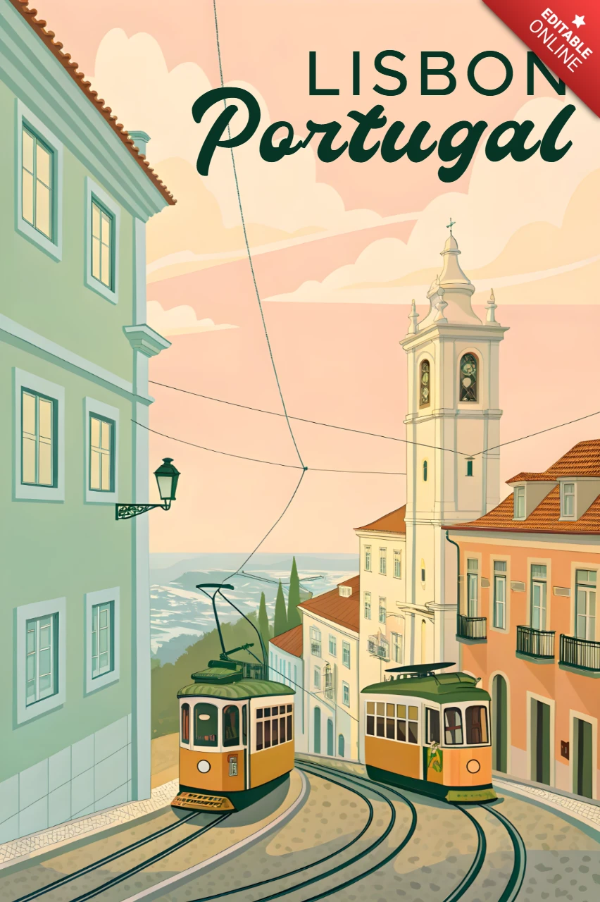 Lisbon Portugal Vintage Tram Design Template for Travel Posters