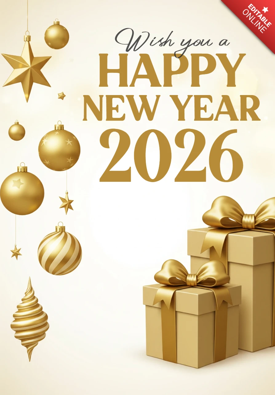 Pôster de celebração do ano novo 2026, tema elegante em dourado com decorações penduradas, estrelas e presentes embrulhados.