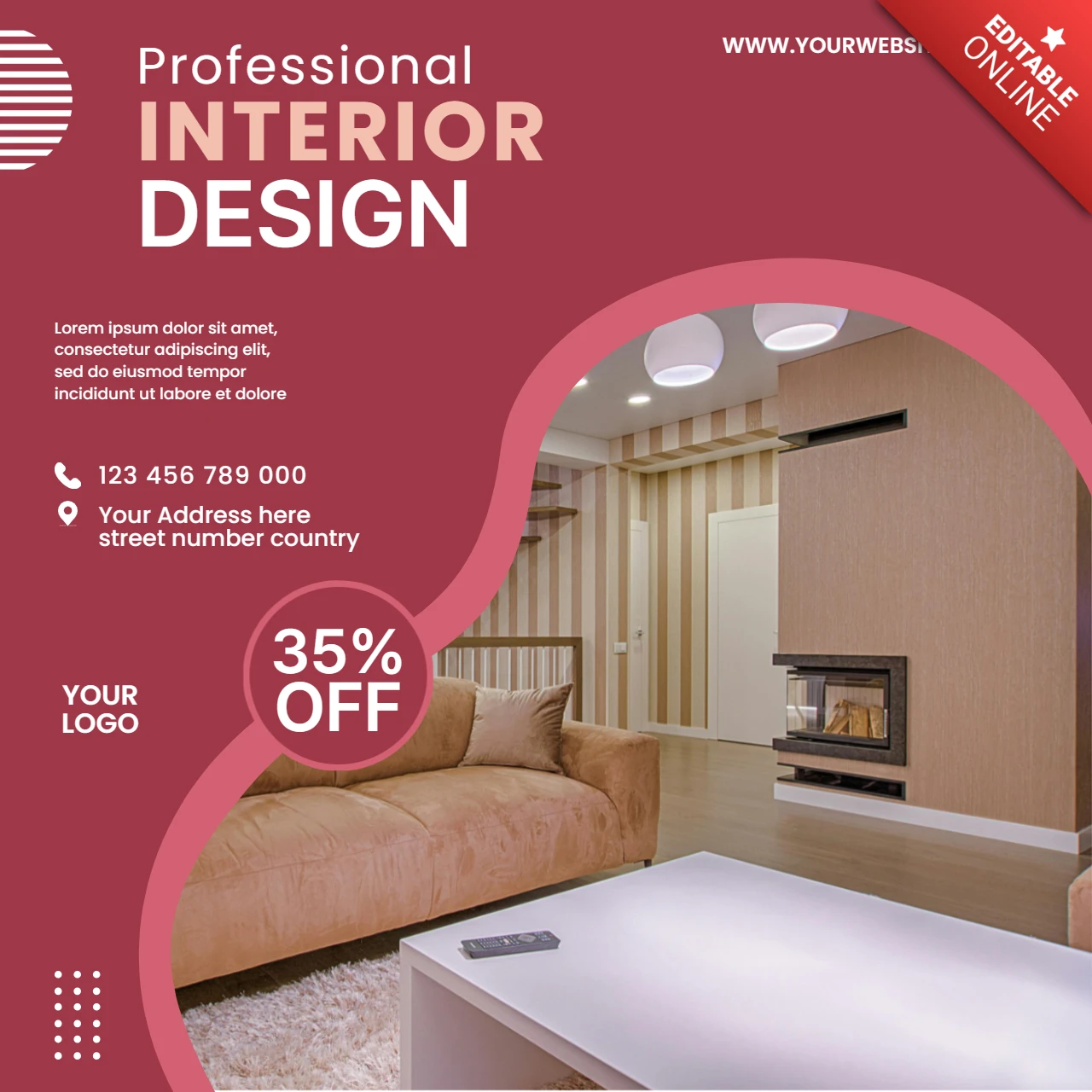 Moderno template di design d'interni rosso per volantini promozionali con mobili eleganti