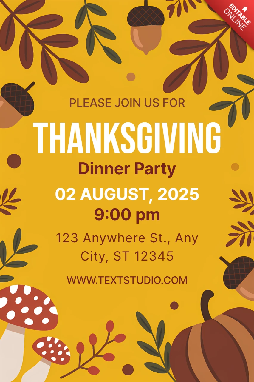 Uitnodiging voor het Thanksgiving-dinerfeest met een ontwerp van herfstbladeren en eikels