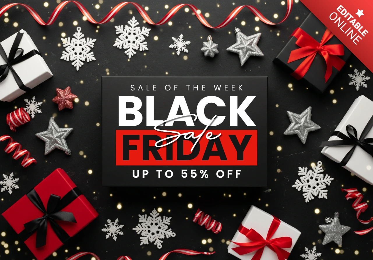 Anúncio da Black Friday layout de caixa de presente elegante com flocos de neve e confete dourado para template de design de promoção sazonal.