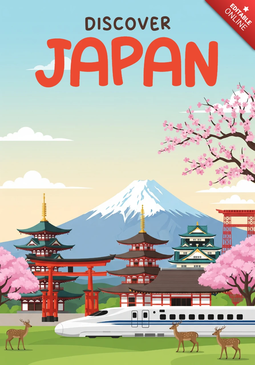 Explore Japan Poster Traditional Architecture and Cherry Blossoms with Shinkansen and Mount Fuji in View