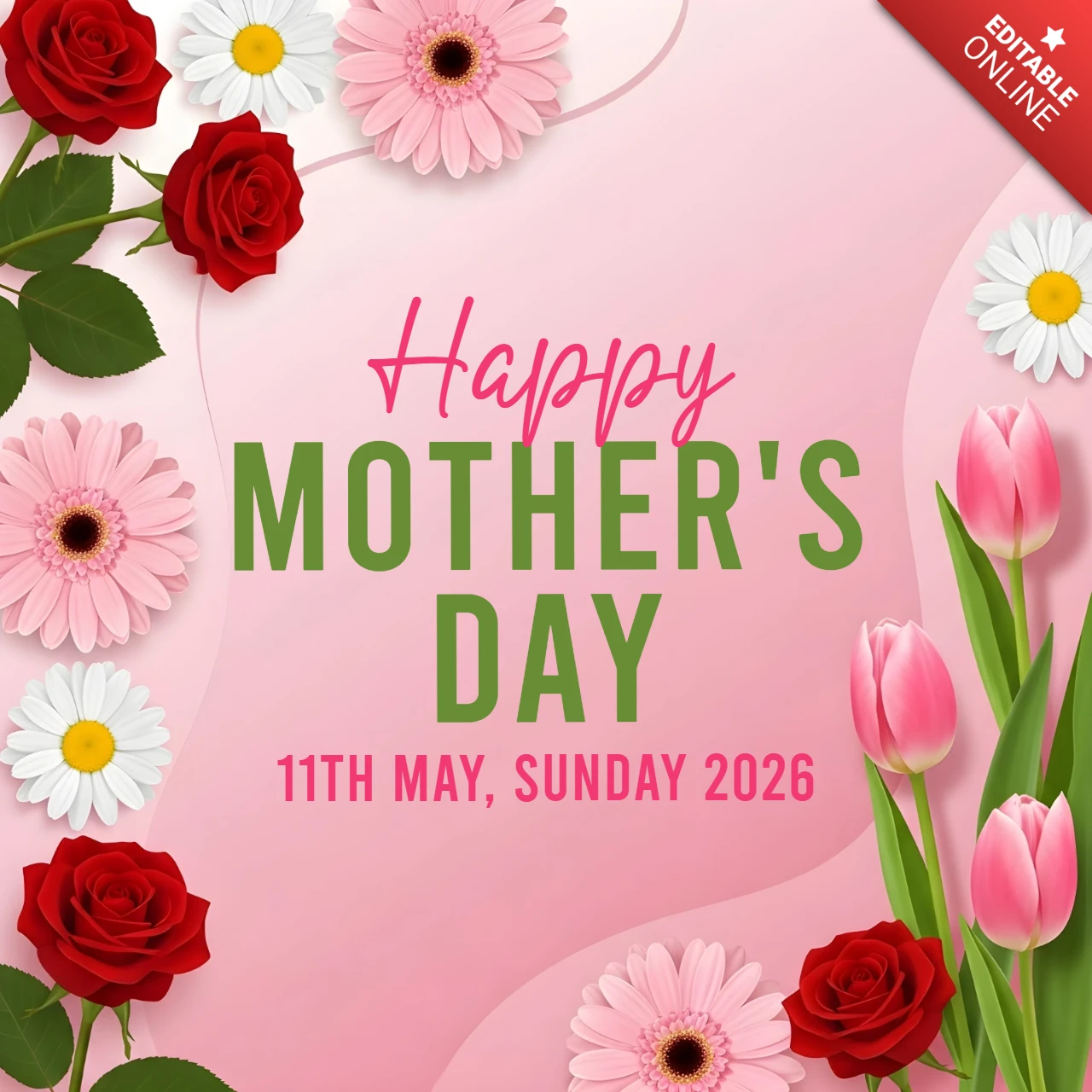 Plantilla de diseño de tarjeta de felicitación para el Día de la Madre con rosas y tulipanes.