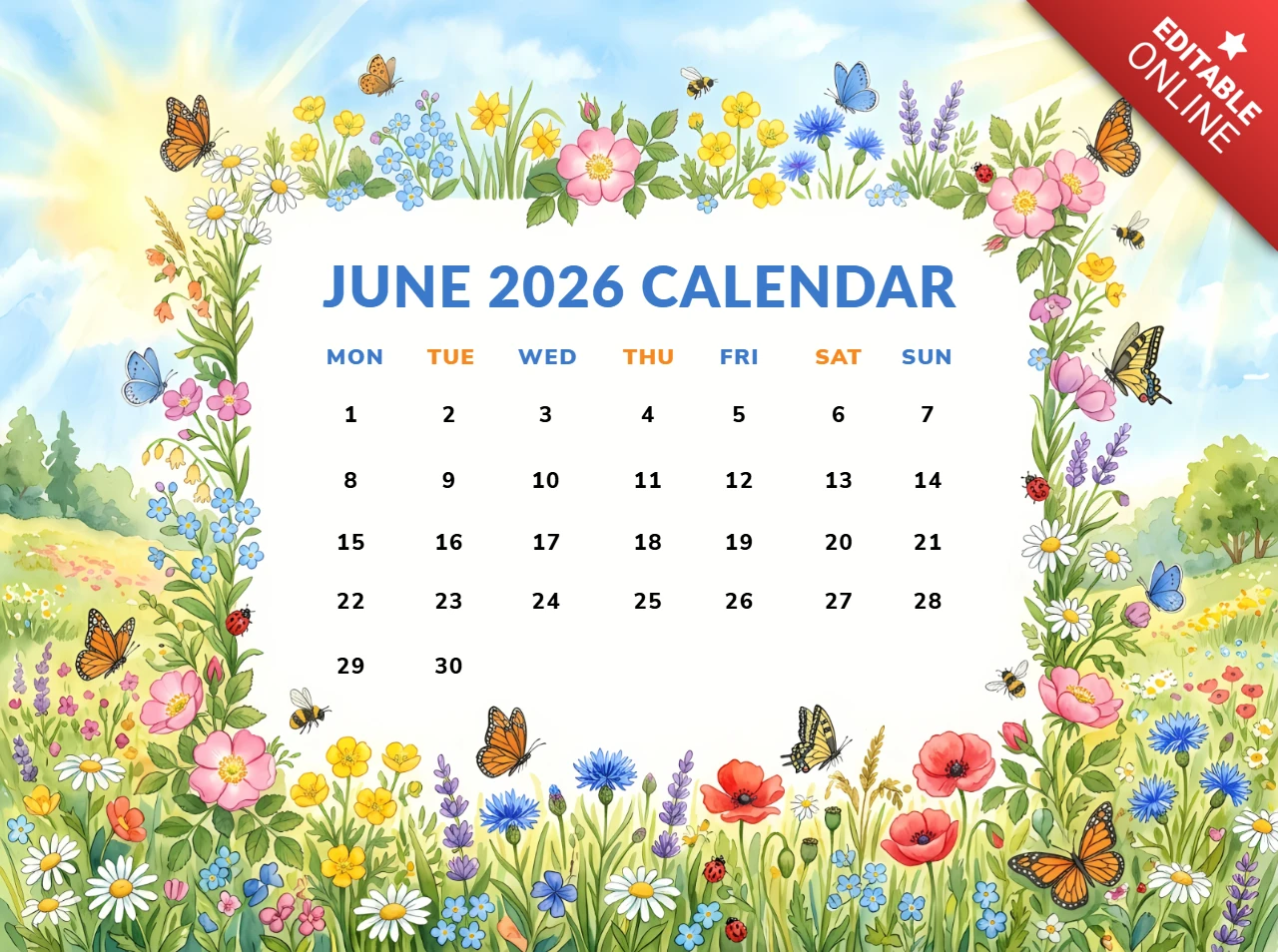 June 2026 Wildflower Meadow Monthly Calendar Design Template