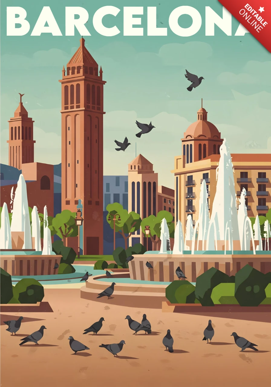 Praça da Espanha com torres venezianas, fontes e pombos modelo de cartazes de viagem de Barcelona