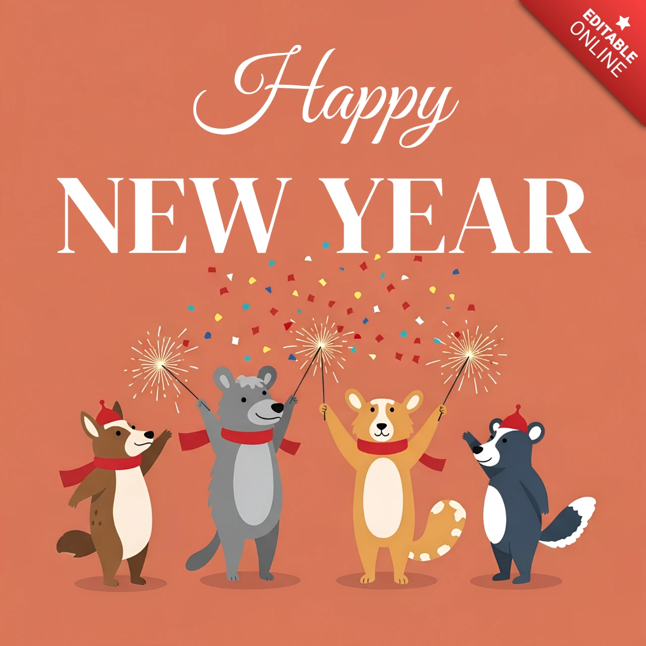 Cute Festive Animal Design Template for Happy New Year Greeting Card