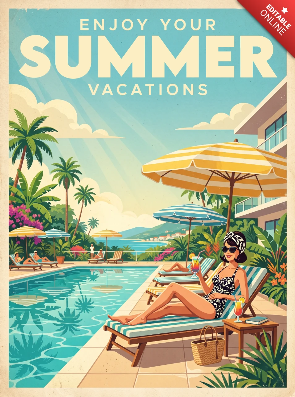 Retro Summer Vacation Poster with Palm Trees, Resort Pool, Lounge Chair, Tropical Drinks, Modern Building and Cheerful Tropical Holiday Mood