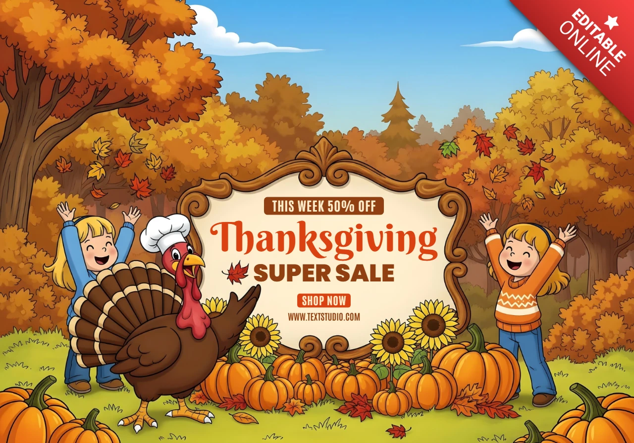 Thanksgiving Promotion Template Happy Kids & Turkey in Warm Forest Scene with Super Sale Message Banner Design