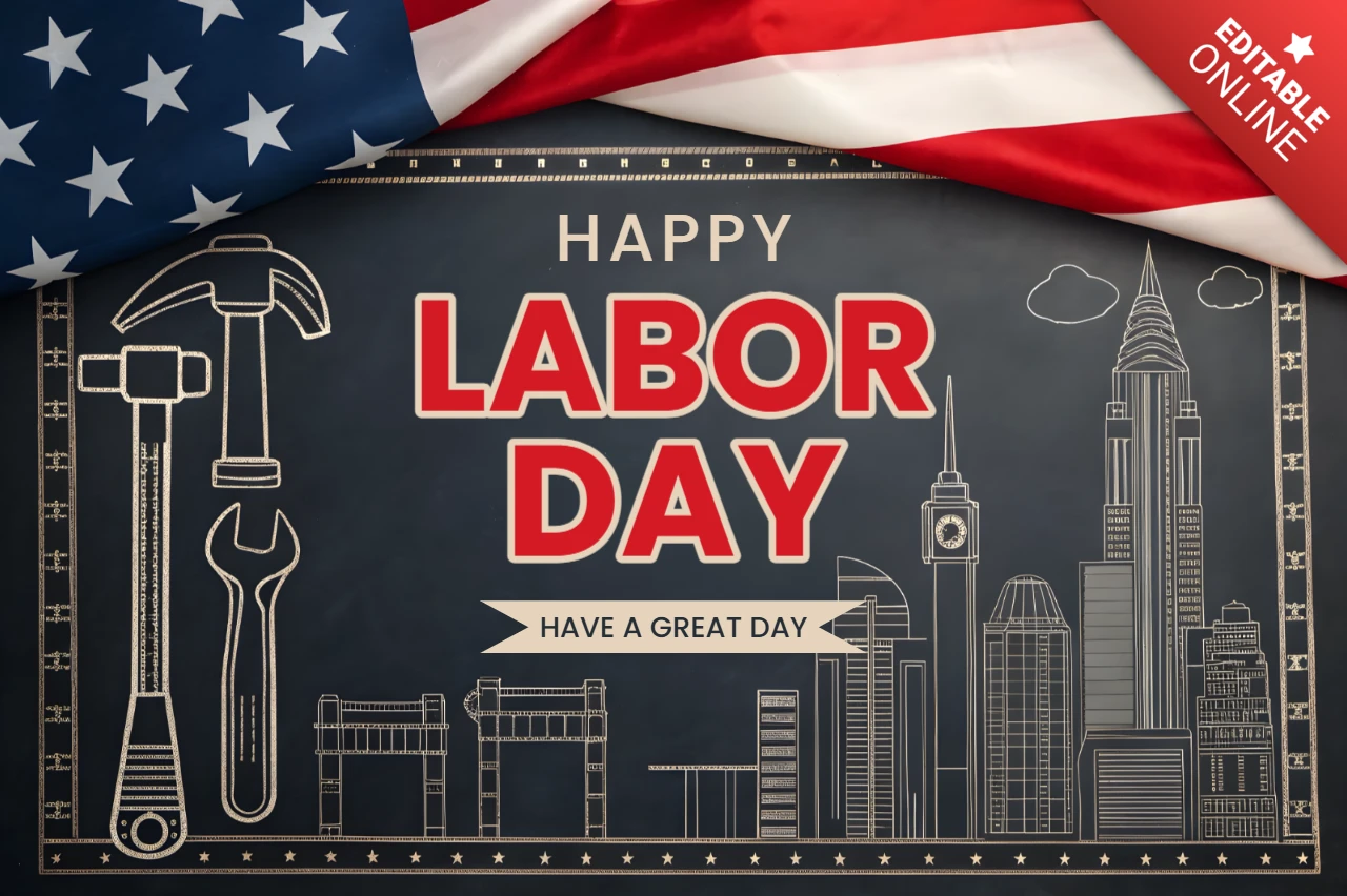 Labor Day Celebration Design Template with Vintage Tools and Skyline