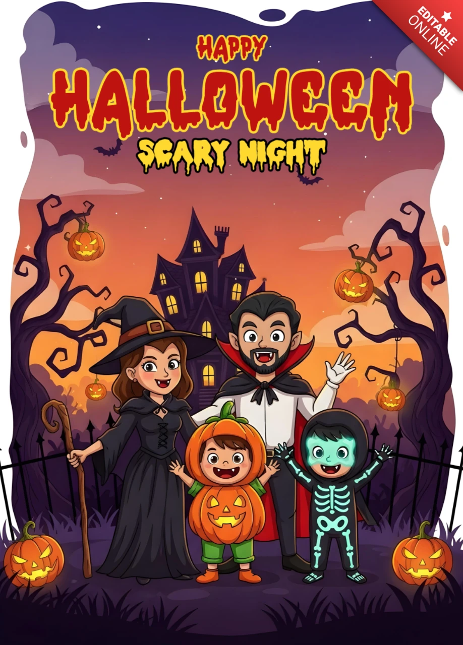 Halloween Night Decor Witch & Vampire Characters in Glowing Forest with Pumpkin Buckets & Foggy Sky Design Template for Festive Flyers