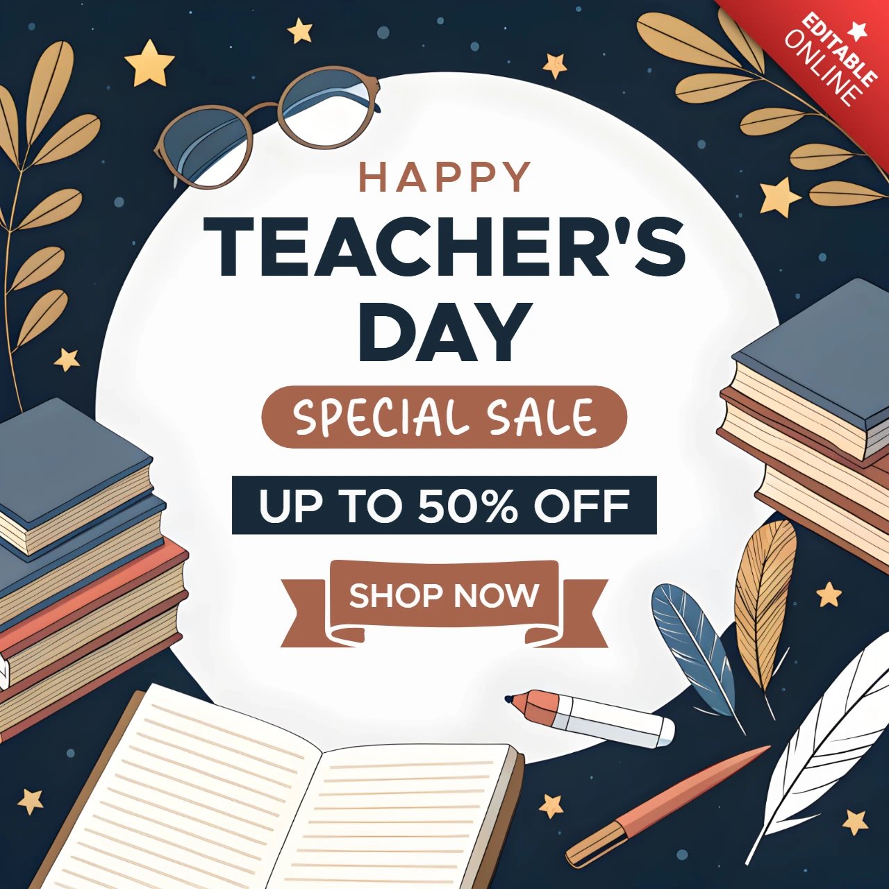 Charming Teacher's Day Sale Design Template – Editable with Books and Stars Theme