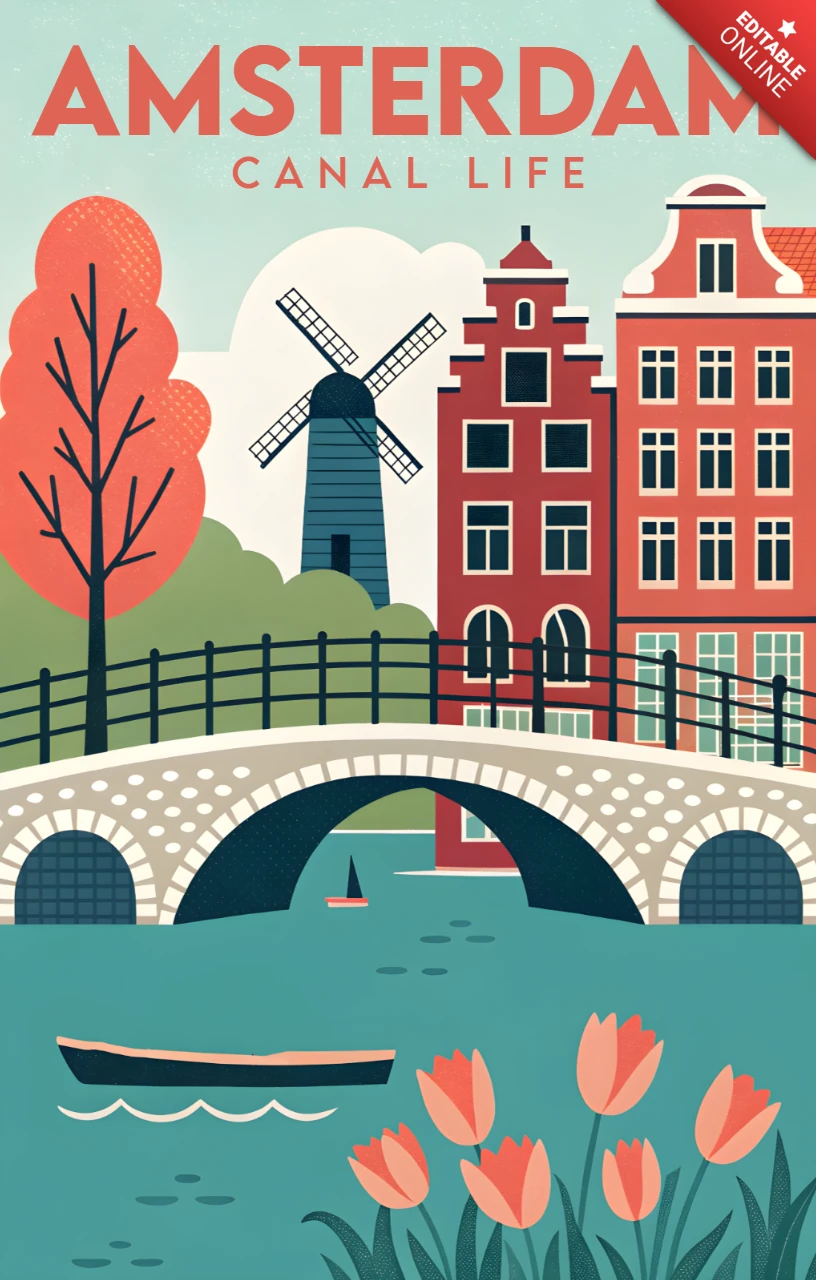Template de design retro da vida nos canais de Amsterdã para pôsteres