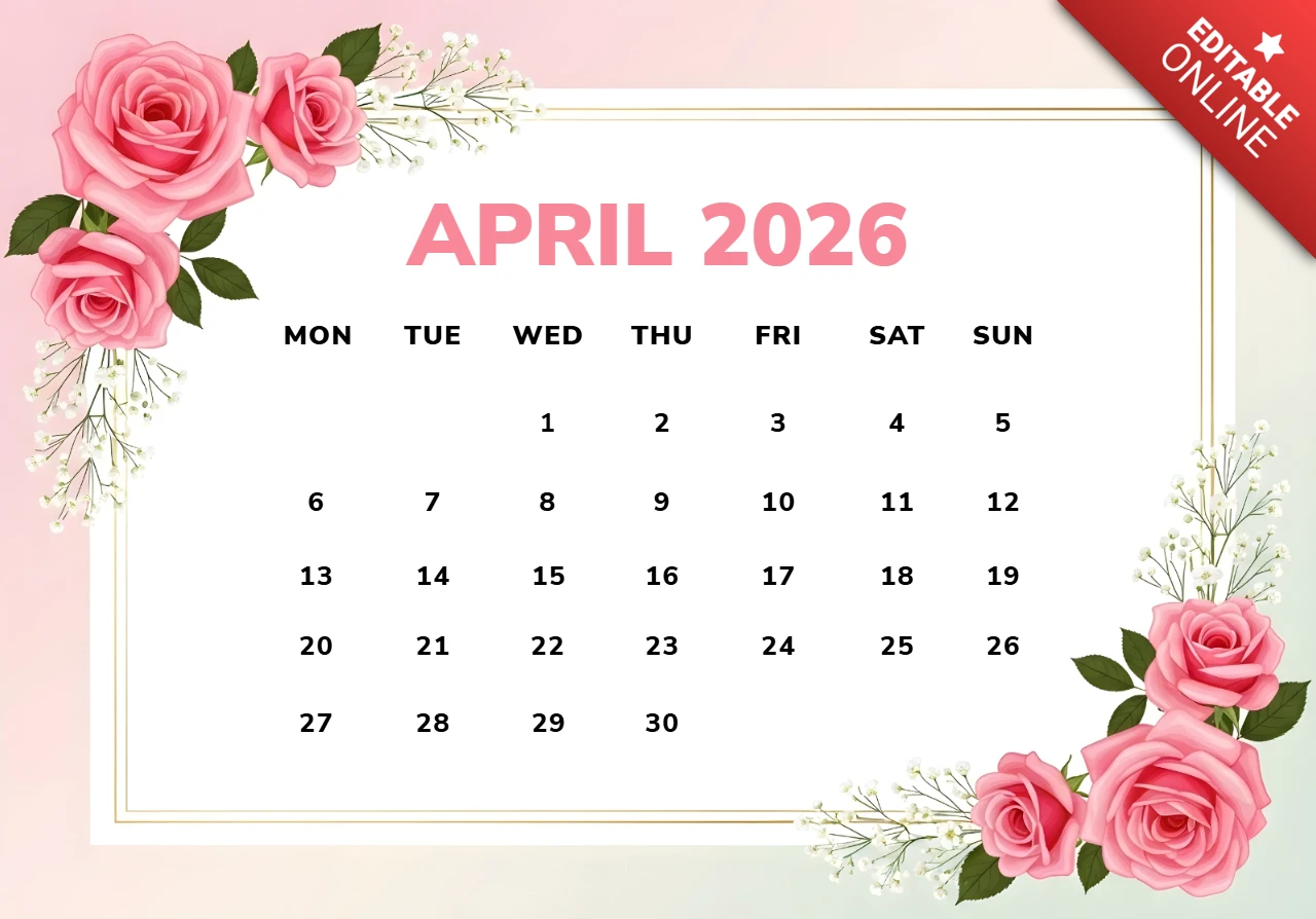 Póster del calendario de abril de 2026: fondo de degradado pastel con rosas, flores blancas y marco decorativo dorado.