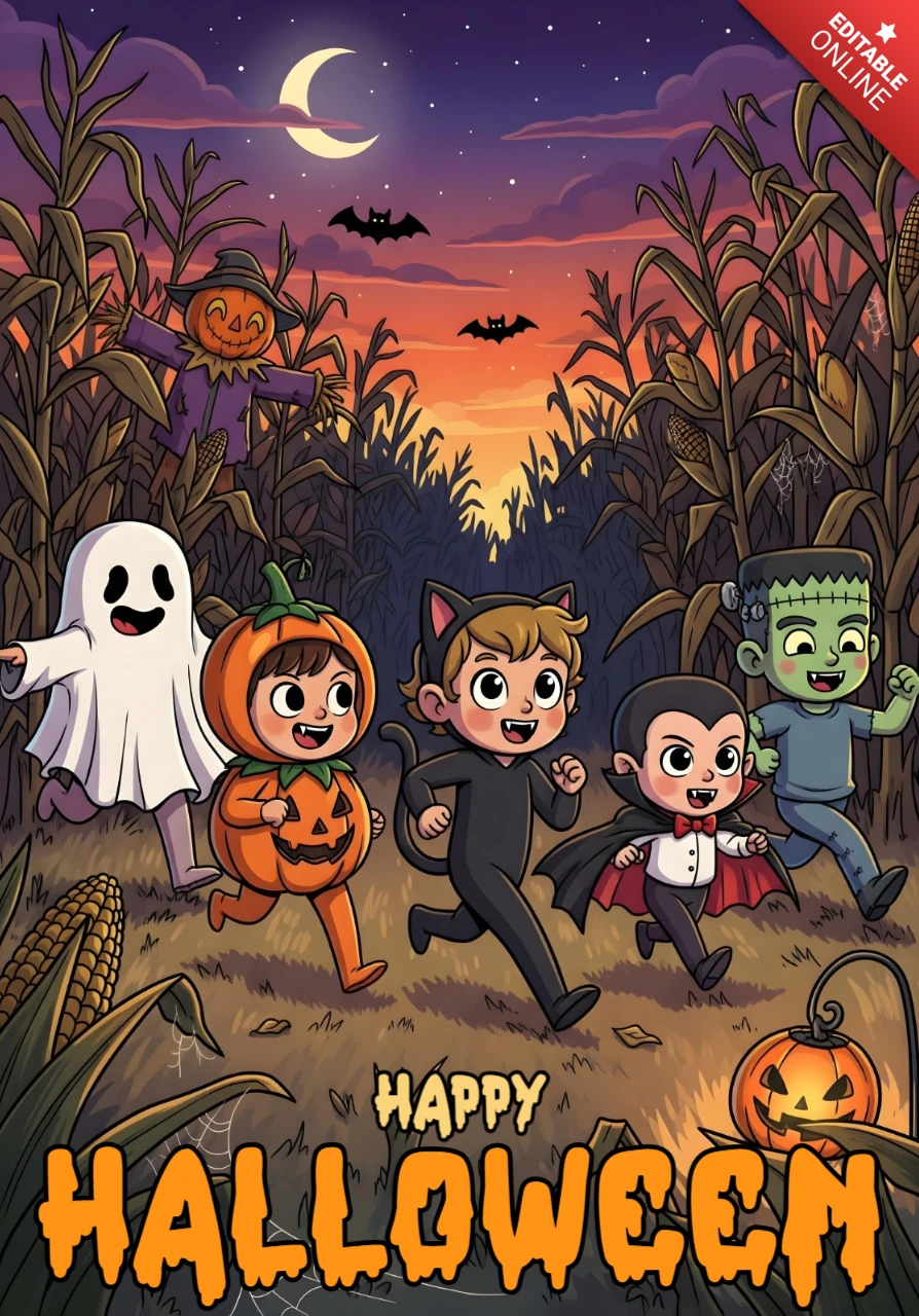 Halloween Kids Illustration Sunset Cornfield Walk with Glowing Jack-o'-Lanterns & Festive Costumes Design Template for Festive Flyers