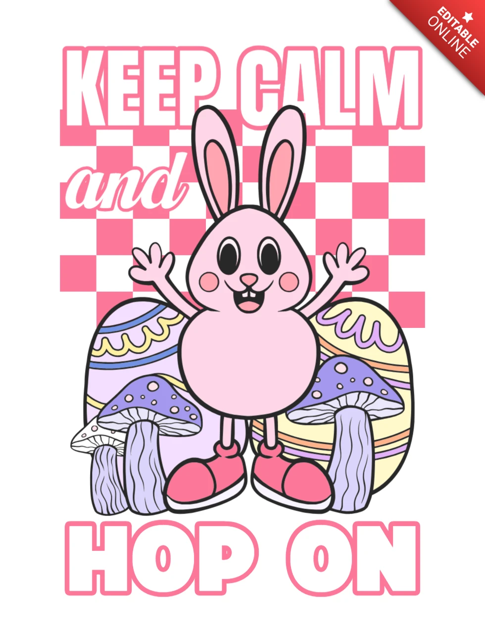 Mantenha a calma e suba no coelho de desenho animado com cogumelos e modelo de design de camiseta xadrez.