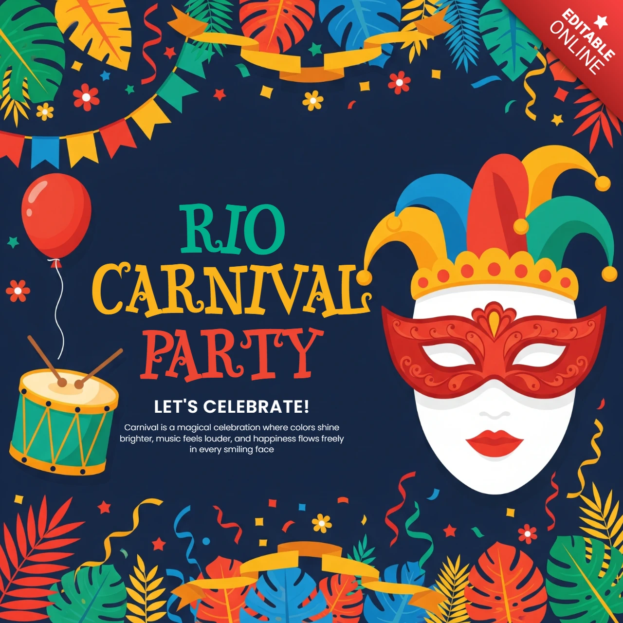 Rio Carnival Party Poster Dark Blue Background with Red Mask, Multicolored Jester Hat, Tropical Leaves, Flowers, Streamers & Confetti