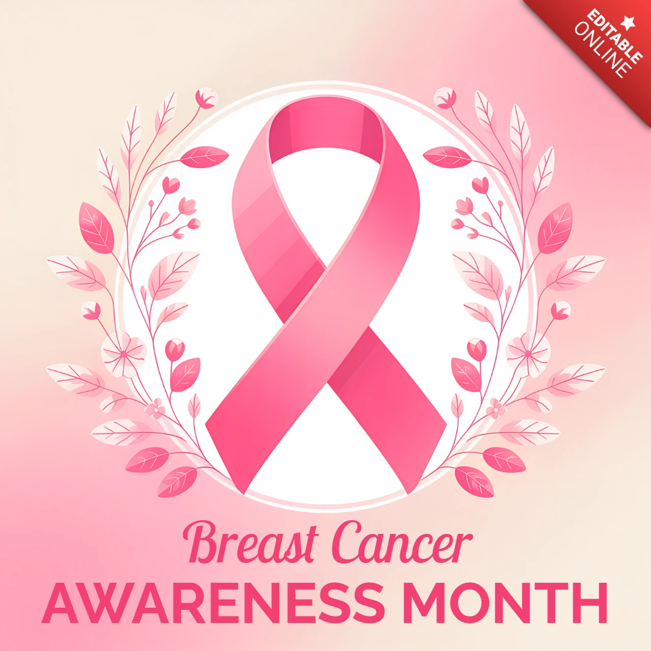 Template di design per il mese della consapevolezza sul cancro al seno con nastro rosa ed elementi floreali per manifesti.