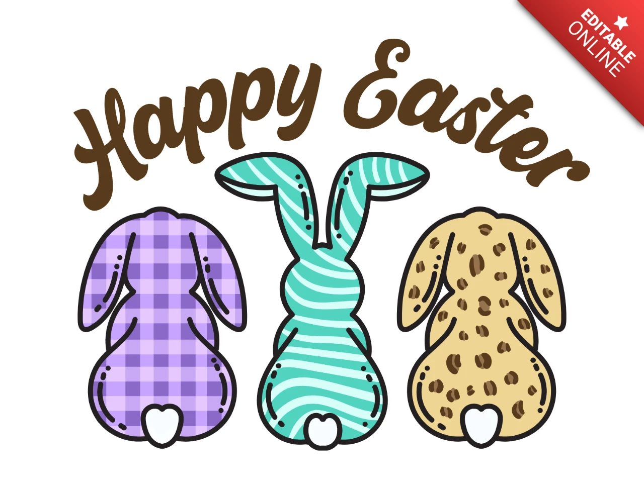 Felice Pasqua magico trio di coniglietti viola, turchese e marrone con schiene decorate modello di t-shirt