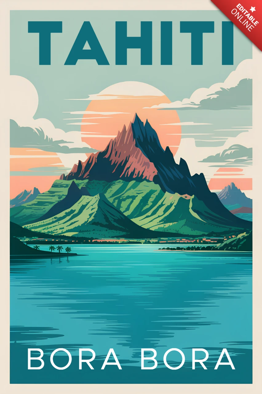 Plantilla de diseño de cartel de viaje vintage de Tahití con escena de montaña y océano para arte de pared