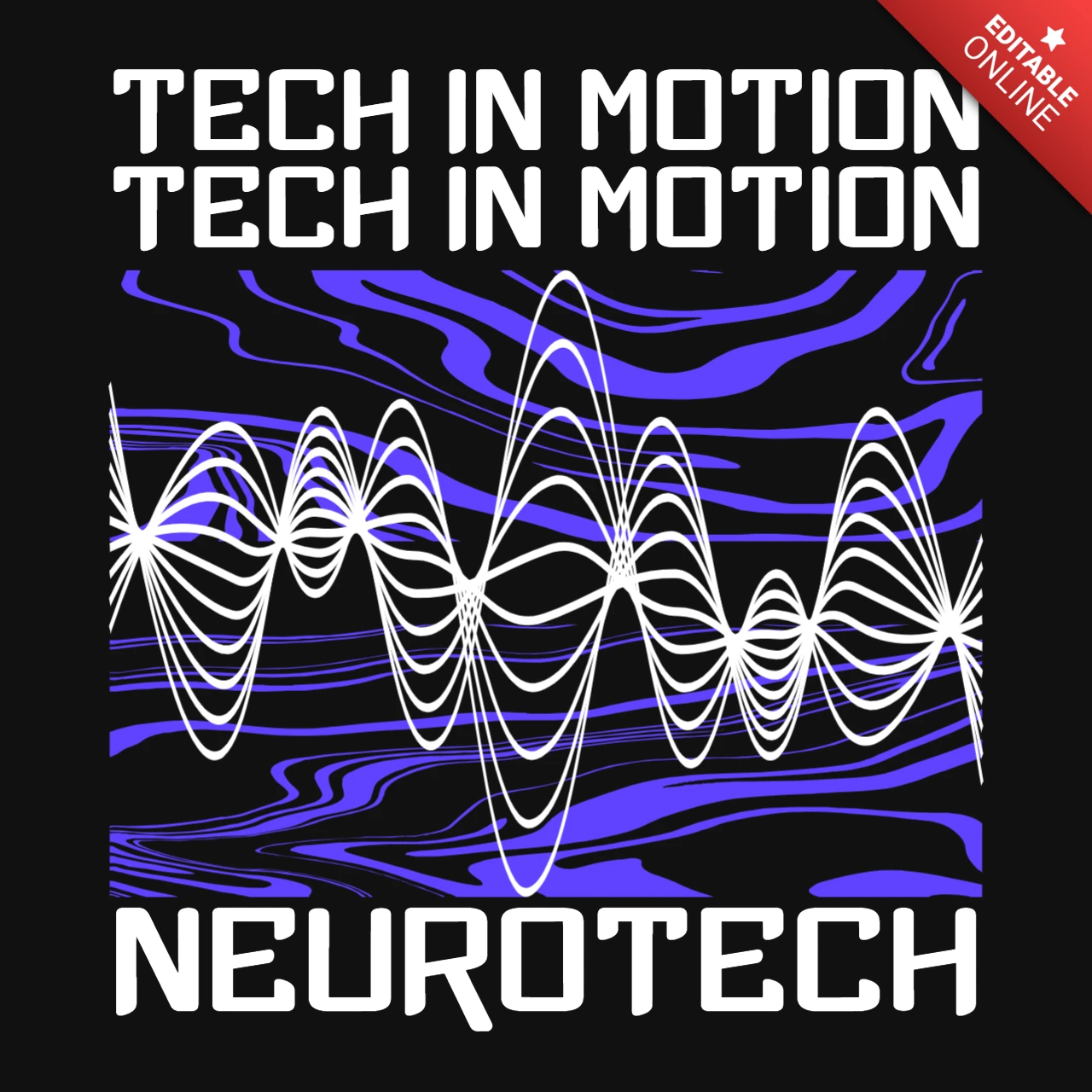 Technologie en mouvement, typographie neurotech avec modèle de design de t-shirt en forme d'onde.
