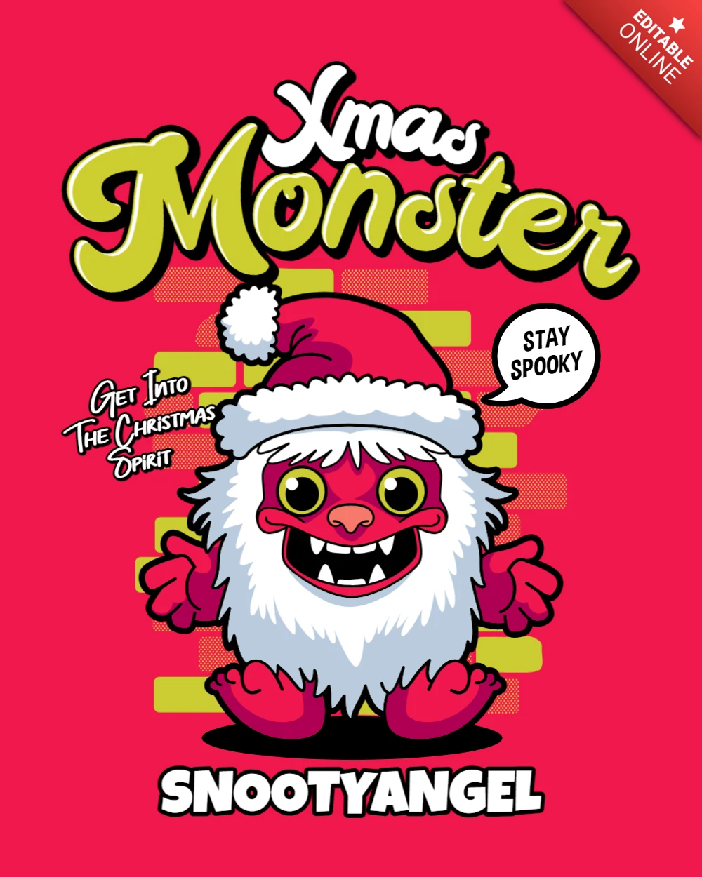 Red Fluffy Funny Xmas Monster Cartoon Poster Design Template