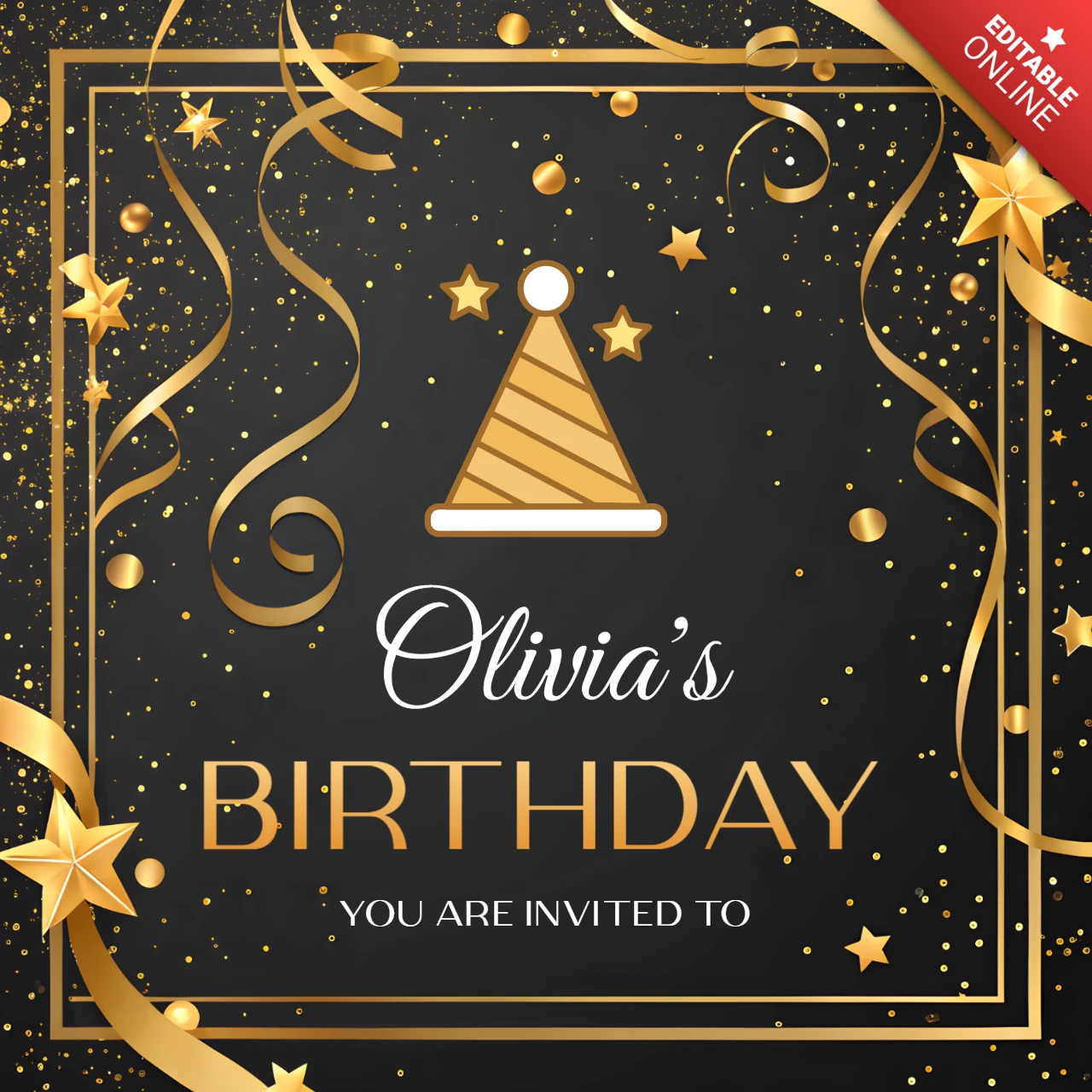 Elegant Birthday Invitation Template Design with Gold Accents and Festive Elements