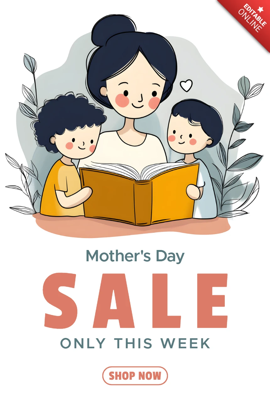 Charming Mother's Day Sale Template Design with Whimsical Illustrations