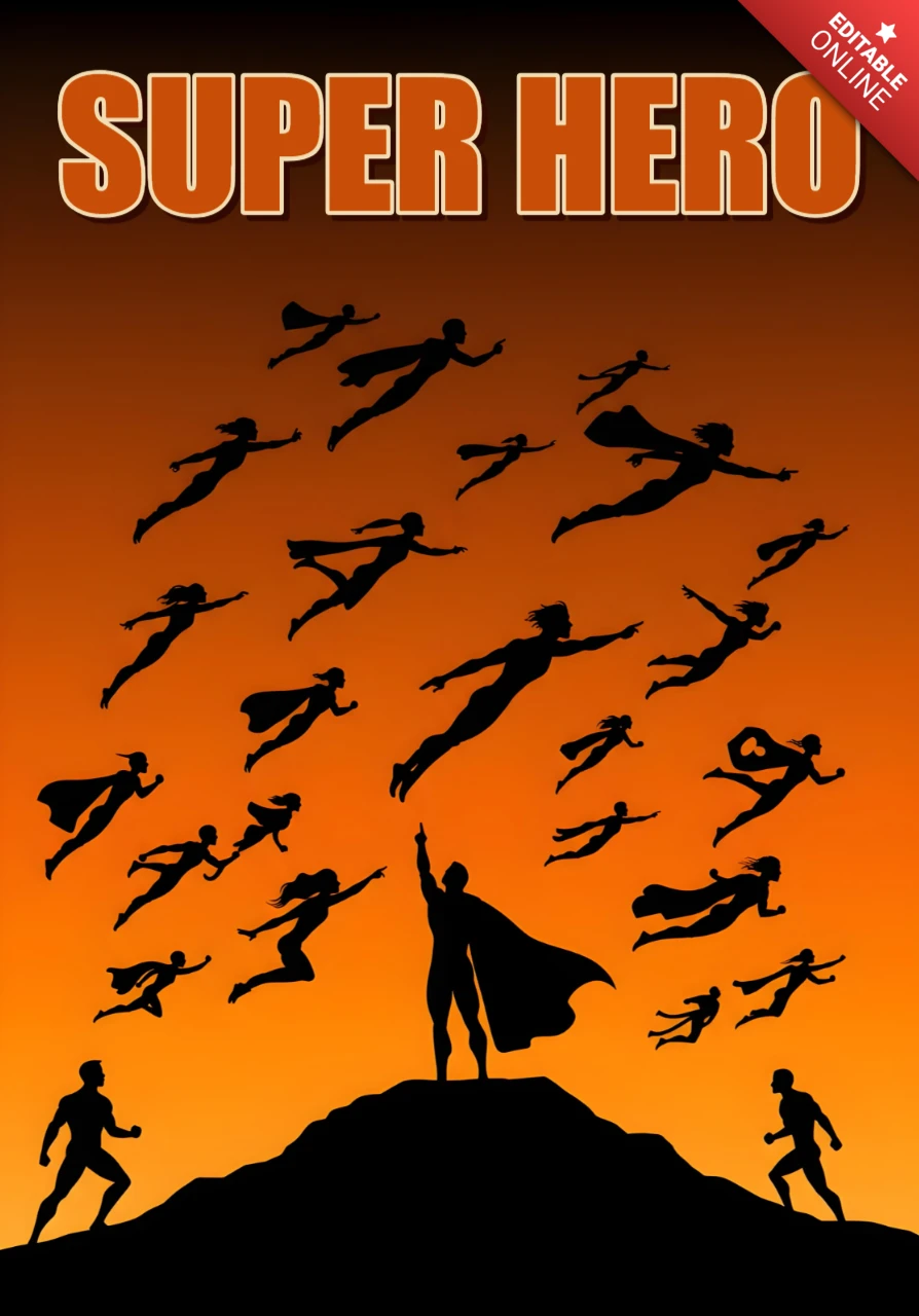 "Collective Heroism Wall Decor Silhouetted Superheroes & Empowering Comic Theme Poster Design Template
