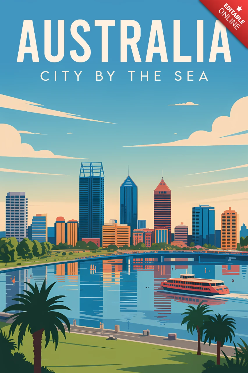 Plantilla de diseño de paisajes urbanos retro de Australia para carteles de viaje
