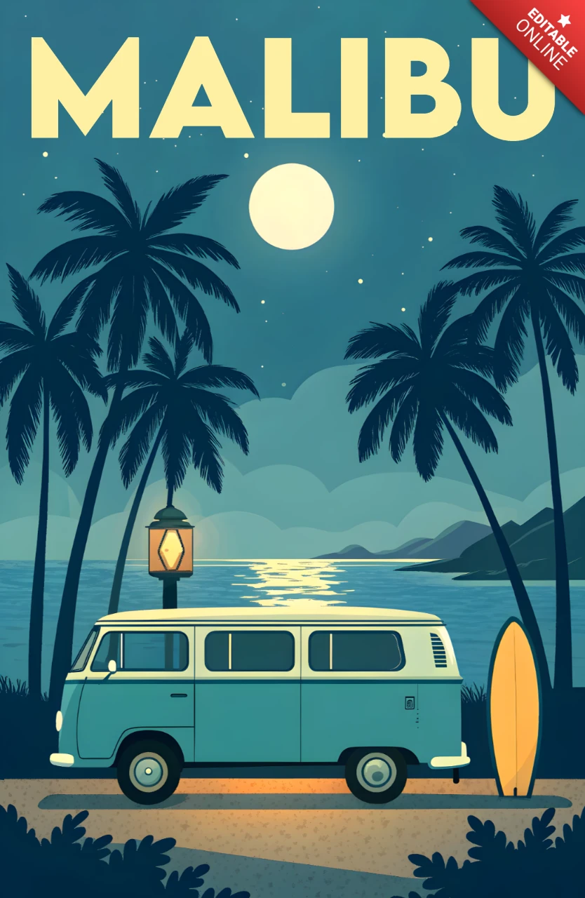 Malibu Vintage-Van-Designvorlage für strandthematisierte Waren