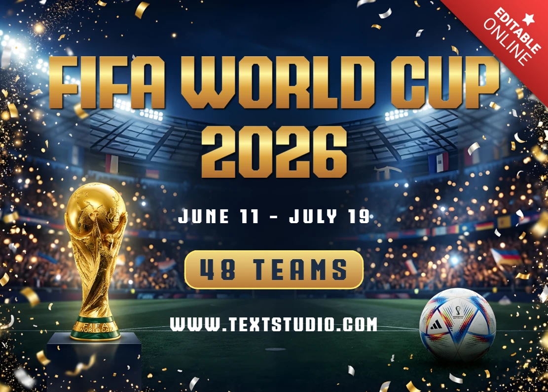 2026年FIFAワールドカップ選手権ポスター、金のトロフィーとスタジアムの祝賀テーマ
